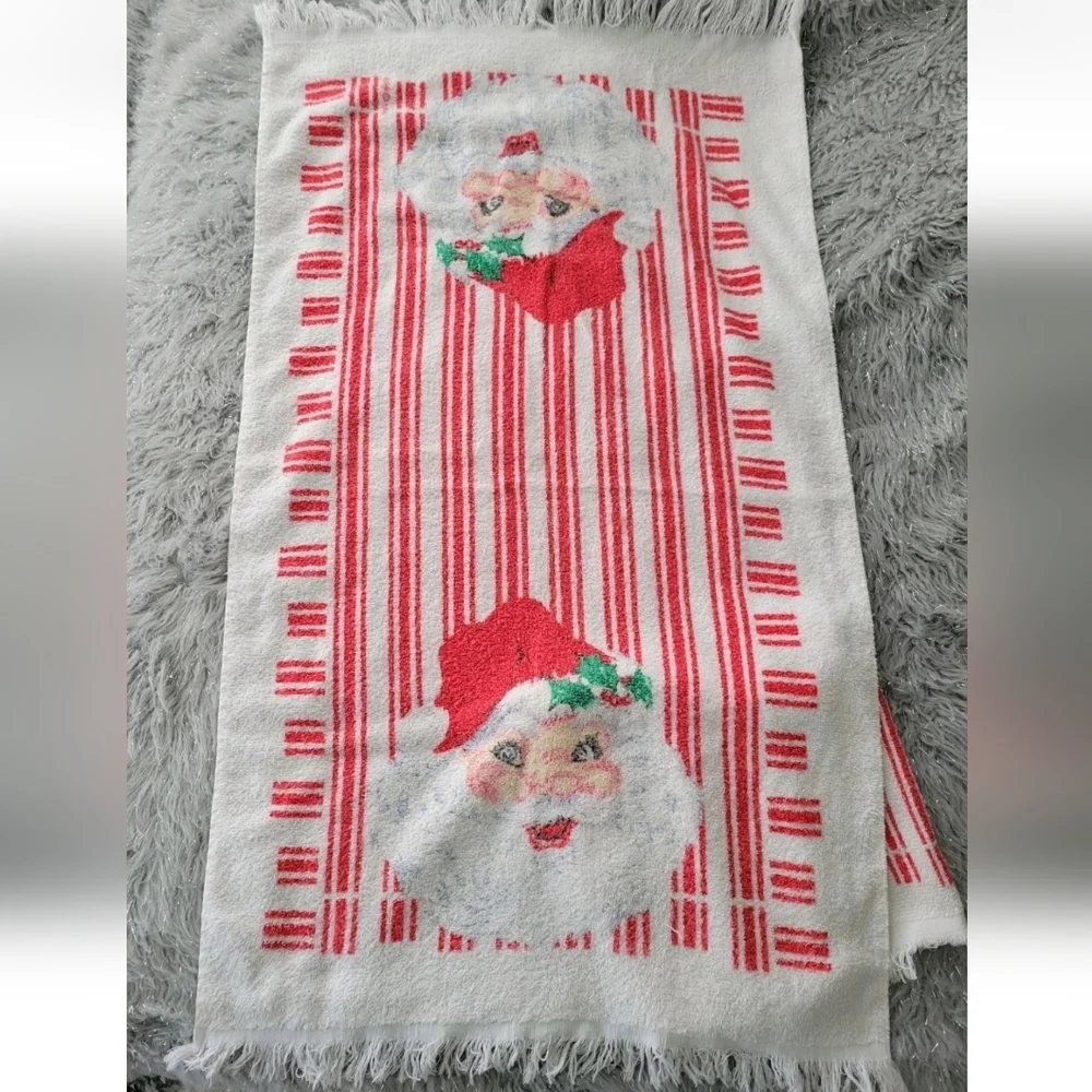 Vintage R.A. Briggs Christmas Bath Hand Towels Set 3 Santa Face Striped Fringe
